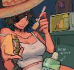  1girl breasts camisole chainsaw_man collarbone eyepatch green_eyes hat himeno_(chainsaw_man) holding_spork large_breasts liowig listerine looking_at_viewer off_shoulder short_hair smile solo sombrero taco taco_bell white_camisole white_hair 