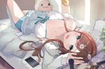 1girl :3 aqua_bow bed blanket blue_eyes blue_pants blush bow breasts brown_hair camisole cardigan cellphone cleavage collarbone dutch_angle fur_trim hand_up highres horns iu_(iuiu1103) kneehighs kurusu_natsume large_breasts light_smile lingerie long_hair looking_at_viewer lying multicolored_hair nijisanji off_shoulder on_back open_mouth pants phone phone_screen pillow plant red_hair saliva sheep sheep_horns sleeves_past_wrists smartphone socks solo streaked_hair stuffed_animal stuffed_toy sunlight tears underwear virtual_youtuber waking_up white_camisole window_shade 