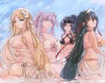  4girls azur_lane bikini black_bikini black_hair blonde_hair blue_eyes bow bow_bikini breasts brest_(azur_lane) brest_(marine_muse)_(azur_lane) chkalov_(azur_lane) chkalov_(seaside_sunset)_(azur_lane) choker criss-cross_halter cross cross_choker eyewear_on_head from_side gold_bikini hair_ribbon halterneck harbin_(azur_lane) harbin_(union_between_sea_and_sky)_(azur_lane) large_breasts light_purple_hair long_hair mole mole_under_eye multi-strapped_bikini multiple_girls official_alternate_costume plymouth_(azur_lane) plymouth_(heart-throbbing_refreshment)_(azur_lane) purple_eyes red_ribbon ribbon shika_(shika0) swimsuit thong_bikini very_long_hair white_bikini white_choker yellow_eyes 