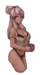  1girl babusgames bangs bare_shoulders bikini black_bikini blue_eyes blunt_bangs brown_shirt closed_mouth collarbone cropped_legs cup dark-skinned_female dark_skin grey_hair hair_ornament highres holding holding_cup long_hair off_shoulder paya_(zelda) pointy_ears shiny_skin shirt smile solo swimsuit the_legend_of_zelda the_legend_of_zelda:_breath_of_the_wild 