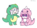  2girls :3 :d artist_name bangs blue_eyes blue_hair blunt_bangs bocchi_the_rock! chibi commentary dinosaur_costume dinosaur_hood dot_mouth gawr_gura gloom_(expression) gotou_hitori hair_between_eyes highres hololive hololive_english its_still_kuno multicolored_hair multiple_girls pink_hair simple_background sitting smile smol_gura solid_oval_eyes spiked_tail streaked_hair symbol-only_commentary tail trait_connection twitter_username two-tone_hair virtual_youtuber white_background white_hair 