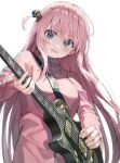 1girl bangs blue_eyes blush bocchi_the_rock! breasts cube_hair_ornament duplicate electric_guitar gotou_hitori guitar hair_ornament highres holding holding_instrument huwari_(dnwls3010) instrument jacket large_breasts left-handed long_hair long_sleeves looking_afar music open_mouth pink_hair pink_jacket pixel-perfect_duplicate playing_instrument sidelocks simple_background solo white_background zipper 