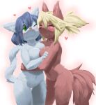  2girls :3 animal_ears animal_nose bangs blonde_hair blue_fur blue_hair blush body_fur breast_press breasts cat_ears cat_girl cat_tail cheek-to-cheek closed_mouth collarbone commentary_request completely_nude cowboy_shot fox_ears fox_girl fox_tail furry furry_female green_eyes hair_between_eyes hand_on_another&#039;s_arm hand_up happy heads_together heart highres hug kame_(3t) looking_at_another medium_breasts multiple_girls navel no_nipples no_pussy nude one_eye_closed original outline pink_outline ponytail red_fur short_hair sidelocks simple_background smile snout standing stomach tail tail_raised thighs wavy_mouth white_background yuri 