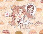  2girls animal_ears black_hair blush bread brown_background brown_hair character_request closed_eyes commentary_request croissant eoduun_badaui_deungbul-i_doeeo food food-themed_background full_body glasses heart inri_000 kemonomimi_mode korean_commentary labcoat long_hair long_sleeves multiple_girls open_mouth own_hands_together ponytail rabbit rabbit_ears smile spoken_heart thumbs_up toast yu_geum-i 