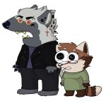  ailurid anthro brown_body brown_fur clothing duo female frackhead fur grey_body grey_fur heinz_(frackhead) hi_res hyena jacket leather leather_clothing leather_jacket leather_topwear male male/female mammal meme mocha_(frackhead) red_panda smiling_friends spotted_hyena sweater_dress topwear 