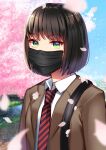  1girl bangs black_hair black_mask black_surgical_mask blue_eyes blue_sky bob_cut cherry_blossoms collared_shirt day diagonal-striped_necktie gradient_eyes green_eyes looking_at_viewer mask mouth_mask multicolored_eyes necktie original outdoors red_necktie school_uniform shirt short_hair sky solo surgical_mask uin39 upper_body white_shirt winter_uniform 