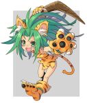  animal_ear_fluff animal_ears animal_feet animal_hands animal_print boomerang border cat_ears cham_cham claws dress fang green_eyes green_hair holding holding_weapon katahira_masashi open_mouth pawpads samurai_spirits skin_fang tail tiger_print weapon white_border 