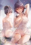  2girls animal_ears arm_up armpits ass atago_(azur_lane) azur_lane bangs black_hair blush breasts cleavage closed_mouth collarbone commentary_request covered_navel dog_ears large_breasts looking_at_viewer multiple_girls naked_towel onsen orange_eyes parted_lips ponytail sea_nami sitting smile takao_(azur_lane) towel water 