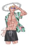  1boy abs animal_print anne_(taos323) arm_up bird blonde_hair cowboy_shot donquixote_doflamingo flamingo green_shirt hat looking_afar muscular muscular_male navel one_piece open_clothes pectorals shirt short_hair shorts smile straw_hat sunglasses transparent_background 