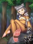  1girl absurdres animal_ears boots boots_removed cat_ears crossed_legs facepaint fangs feet foot_focus forest gloves grey_hair highres knife leiqiya nature nia_(xenoblade) open_mouth rock sitting solo stirrup_legwear throwing_knife toeless_legwear tree weapon white_gloves xenoblade_chronicles_(series) xenoblade_chronicles_2 yellow_eyes 