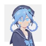  1girl :3 alternate_costume alternate_hairstyle aqua_eyes bangs blue_bow blue_bowtie blue_eyes blue_hair blue_headwear blue_sailor_collar blue_shirt blush bow bowtie braid closed_mouth ene_(kagerou_project) facial_mark grey_background hair_between_eyes hair_ornament hair_rings hat headphones highres kagerou_project long_sleeves looking_at_viewer pisces_(zodiac) sailor_collar sailor_hat shirt solo star_(symbol) star_hair_ornament twin_braids uneven_eyes upper_body whitegull666 