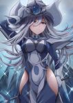  1girl absurdres breasts duel_monster gloves hat highres large_breasts long_hair long_sleeves looking_at_viewer misakura_aoi red_eyes silent_magician solo wand white_hair witch_hat yu-gi-oh! 