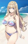  1girl arm_at_side bangs bare_arms bare_shoulders beach bead_bracelet beads bikini blonde_hair blue_bikini blue_eyes blue_gemstone blue_sky blush bracelet breasts cleavage cloud collarbone commentary cowboy_shot day dolphin_wave earrings gem glint groin hair_intakes hair_ornament highres jewelry kirahoshi_kanna large_breasts long_hair looking_at_viewer multicolored_bikini multicolored_clothes navel necklace o-ring o-ring_bikini o-ring_bottom o-ring_top ocean outdoors parted_lips pendant pink_bikini purple_bikini sidelocks sky solo standing star_(symbol) star_hair_ornament stomach strapless strapless_bikini surippa1010 swimsuit very_long_hair 