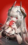  1girl apple arknights bare_shoulders biting black_dress breast_rest breasts chinese_commentary cleavage commentary demon_girl demon_horns dress fingernails food fruit grey_hair hair_between_eyes highres holding holding_food holding_fruit horns jewelry large_breasts lipstick long_hair looking_at_viewer makeup mudrock_(arknights) mudrock_(obsidian)_(arknights) nail_polish necklace official_alternate_costume open_mouth pienahenggou pointy_ears red_eyes red_nails ribbon slit_pupils solo spaghetti_strap sparkle teeth tongue upper_body upper_teeth_only white_ribbon 