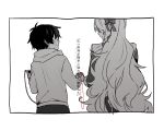  1boy aged_down bow cable child digital_media_player dress from_behind greyscale hair_bow hair_ornament hii_(aisiteru6918moon) holding holding_hands hood hood_down hoodie kagerou_project kozakura_marry long_hair long_sleeves male_child monochrome profile seto_kousuke short_hair simple_background smile spot_color string string_of_fate translation_request upper_body very_long_hair 