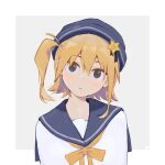  1girl alternate_costume bangs blonde_hair blue_headwear blue_sailor_collar bow bowtie closed_mouth grey_background hair_between_eyes hair_ornament hat head_tilt highres kagerou_project kisaragi_momo long_sleeves looking_at_viewer neckerchief one_side_up sailor_collar sailor_hat shirt short_hair solo star_(symbol) star_hair_ornament taurus_(zodiac) upper_body white_shirt whitegull666 yellow_bow yellow_bowtie yellow_neckerchief 