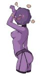  1girl :d arm_up ass babusgames bangs black_choker blush breasts choker colored_skin cropped_legs garter_belt highres humanization koffing large_breasts looking_at_viewer looking_to_the_side nipples pink_skin pokemon shiny_skin simple_background smile solo teeth thighhighs tongue white_background 