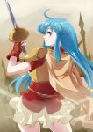  1girl 34_(sanjushi) aqua_hair armor blue_eyes eirika_(fire_emblem) fingerless_gloves fire_emblem fire_emblem:_the_sacred_stones gloves highres holding holding_sword holding_weapon long_hair looking_at_viewer looking_back miniskirt rapier red_gloves red_shirt shirt skirt smile solo sword very_long_hair weapon white_skirt zettai_ryouiki 