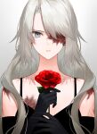  1girl bangs bare_shoulders black_gloves burn_scar earrings elbow_gloves eyelashes flower glint gloves grey_background grey_eyes grey_hair hands_up highres holding holding_flower jewelry long_hair looking_at_viewer multiple_scars one_eye_closed original parted_lips portrait red_flower red_rose rose scar scar_on_chest scar_on_face simple_background sleeveless solo stud_earrings swept_bangs waka_(shark_waka) 