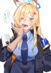  1girl absurdres anger_vein angry animal_ears blonde_hair blue_archive blue_eyes blue_gloves blue_jacket blue_necktie blue_shirt blue_skirt breasts coffee_mug commentary_request cup deitaku disembodied_limb dog_ears drooling finger_in_another&#039;s_mouth gloves hair_over_one_eye halo hand_in_pocket highres holding holding_cup jacket kanna_(blue_archive) large_breasts long_hair mug necktie open_mouth saliva sharp_teeth shirt simple_background skirt solo speech_bubble teeth tongue translation_request white_background 