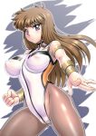  1girl blue_eyes breasts brown_hair brown_pantyhose commentary_request covered_nipples dangaiou foreshortening large_breasts leotard long_hair mia_alice pantyhose sakura_ryuuken solo turtleneck white_leotard wrist_guards 