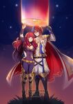  1boy 1girl alear_(fire_emblem) alear_(male)_(fire_emblem) arm_up armor black_footwear blue_eyes blue_gloves blue_hair boots breasts cleavage commentary_request fire_emblem fire_emblem_engage gloves greaves gzei highres large_breasts long_hair long_sleeves multicolored_hair red_eyes red_hair shirt short_hair smile standing two-tone_hair white_shirt yunaka_(fire_emblem) 