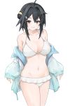 1girl absurdres ahoge arknights bare_shoulders bikini black_eyes black_hair blue_jacket breasts cleavage commentary_request cowboy_shot grin hair_intakes highres jacket la_pluma_(arknights) la_pluma_(summer_flowers)_(arknights) large_breasts long_sleeves looking_at_viewer navel off_shoulder official_alternate_costume open_clothes open_jacket rain_(rain8649) short_hair simple_background smile solo standing stomach swimsuit thighs white_background white_bikini 