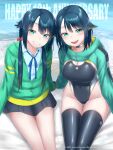  2girls anniversary awono_nanaumi black_one-piece_swimsuit black_skirt black_thighhighs blue_hair blue_ribbon blue_shirt breasts cleavage collared_shirt commentary_request competition_swimsuit cowboy_shot dual_persona fukami_nana green_eyes green_jacket grin hair_flaps highleg highleg_swimsuit highres jacket large_breasts long_hair long_sleeves looking_at_viewer multiple_girls neck_ribbon one-piece_swimsuit original pleated_skirt ribbon shirt short_hair sidelocks skirt smile swimsuit thighhighs 