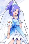  1girl angel_wings bike_shorts bike_shorts_under_skirt blue_bow blue_dress blue_eyes blue_hair blue_skirt bow bracelet brooch choker collarbone commission crystal_earrings cure_diamond dokidoki!_precure dress earrings feather_hair_ornament feathered_wings feathers hair_ornament heart_brooch highres hishikawa_rikka jewelry long_hair looking_at_viewer magical_girl open_mouth ponytail precure puffy_short_sleeves puffy_sleeves short_sleeves signature skeb_commission skirt smile solo very_long_hair white_background wings 