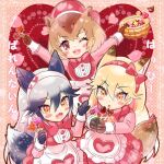 3girls alternate_costume animal_ears apron blush bow bowtie brown_hair bucket candy capybara_(kemono_friends) capybara_ears capybara_girl chiffon commentary_request dress extra_ears ezo_red_fox_(kemono_friends) food fox_ears fox_girl fox_tail frilled_apron frills grey_hair hair_between_eyes hair_bow hairband kemono_friends long_hair long_sleeves matching_outfit multicolored_hair multiple_girls orange_eyes orange_hair pink_bow pink_bowtie pink_dress pink_shirt shirt short_hair sidelocks silver_fox_(kemono_friends) tail valentine white_apron 