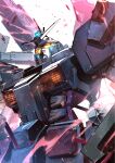  full_armor_gundam glowing glowing_eyes gundam gundam_thunderbolt highres kuri_giepi looking_ahead mecha mobile_suit no_humans orange_eyes robot science_fiction solo v-fin white_background 