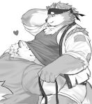  &lt;3 anthro bandanna belly bottomwear canid canine canis clothing domestic_dog duo embrace fluffy greyscale hi_res hug kerchief male male/male mammal monochrome overweight shirt shorts silentyed tamacolle tank_top topwear under_shirt 
