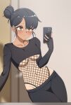  1girl :&lt; alternate_hairstyle asymmetrical_bangs bangs black_hair black_pants breasts brown_eyes cellphone closed_mouth dark-skinned_female dark_skin dutch_angle earclip earrings fishnet_leotard frown hair_bun hair_ornament hairclip highres holding holding_phone ijiranaide_nagatoro-san indoors jewelry kdtwifi leotard leotard_under_clothes medium_breasts midriff nagatoro_hayase navel one-piece_tan pants phone selfie shiny_skin smartphone solo stomach stud_earrings tan tanlines thighs underboob 