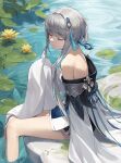  1girl absurdres bare_legs bare_shoulders closed_eyes closed_mouth cotta_(heleif) day dress flower from_side genshin_impact grey_hair guizhong_(genshin_impact) hair_intakes hair_ornament highres lily_pad off-shoulder_dress off_shoulder outdoors short_hair_with_long_locks sitting sleeves_past_fingers sleeves_past_wrists smile soaking_feet solo tassel tassel_hair_ornament thighs water water_lily_flower white_dress yellow_flower 