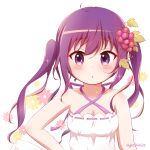  1girl :o bangs bare_arms bare_shoulders blush breasts cleavage commentary_request criss-cross_halter dress floral_background food food-themed_hair_ornament fruit gochuumon_wa_usagi_desu_ka? goth_risuto grapes hair_between_eyes hair_ornament halterneck long_hair looking_at_viewer medium_breasts parted_lips purple_eyes purple_hair revision ribbon-trimmed_dress simple_background solo tedeza_rize twintails upper_body white_background white_dress 