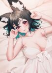  1girl :d absurdres animal_ear_fluff animal_ears aqua_hair arm_up bangs bare_arms bare_shoulders bed_sheet black_hair breasts collarbone commentary_request dress hair_between_eyes hand_up highres large_breasts looking_at_viewer multicolored_hair original pillow red_eyes sakura_chiyo_(konachi000) sleeveless sleeveless_dress smile solo two-tone_hair white_dress 