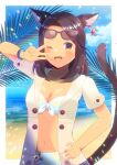  1girl ;d animal_ear_fluff animal_ears bangs beach bikini bikini_under_clothes blue_sky blush breasts brown_eyes brown_hair brown_jacket cat_ears cat_girl cat_tail cleavage cloud commission copyright_request day eyewear_on_head fang front-tie_bikini_top front-tie_top hand_on_hip hand_up jacket kou_hiyoyo medium_breasts one_eye_closed open_clothes open_jacket red-framed_eyewear sand short_sleeves skeb_commission sky smile solo sunglasses swept_bangs swimsuit tail tail_raised v_over_eye water white_bikini 