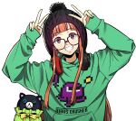  1girl bangs beanie commentary_request double_v glasses hat headphones headphones_around_neck highres hood hoodie ito_(daisukidanchi) long_hair looking_at_viewer morgana_(persona_5) orange_hair persona persona_5 sakura_futaba simple_background smile solo v white_background 