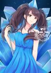  1girl aii_taii arm_behind_back blue_dress breasts brown_eyes brown_hair commentary commission crystal dress english_commentary highres kujikawa_rise medium_breasts microphone microphone_stand persona persona_4 sidelocks smile solo twintails twitter_username upper_body watermark 