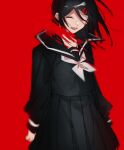  1girl ambiguous_red_liquid arms_at_sides bangs black_hair black_sailor_collar black_serafuku black_skirt blurry closed_eyes collarbone commentary_request depth_of_field floating_hair hair_ornament hairclip highres kagerou_project long_bangs long_hair long_sleeves mekakucity_actors muuta04 no_scarf open_mouth pleated_skirt red_background sailor_collar sailor_collar_lift school_uniform serafuku simple_background skirt sleeve_cuffs smile solo tateyama_ayano teeth upper_teeth_only 