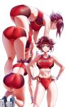  1girl alternate_costume ass bare_shoulders blue_eyes breasts buruma closed_mouth code_geass commentary_request from_behind hands_on_hips headband highres kallen_stadtfeld kilesha looking_at_viewer medium_breasts multiple_views navel red_buruma red_hair red_sports_bra short_hair smile sports_bikini sports_bra 