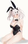  1girl absurdres animal_ears azur_lane bangs black_leotard blush bow bowtie breasts cleavage covered_navel detached_collar fake_animal_ears highres joffre_(azur_lane) large_breasts leotard looking_at_viewer playboy_bunny rabbit_ears rabbit_tail red_eyes simple_background sitting solo strapless strapless_leotard tail thighs tsukane_red twintails white_background white_hair 