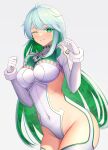  1girl abeen_jhong blue_hair colored_inner_hair fate/grand_order fate_(series) green_eyes green_hair highres kukulkan_(fate) kukulkan_(second_ascension)_(fate) multicolored_hair one_eye_closed revealing_clothes simple_background solo upper_body white_background 