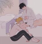  2boys a_co_pi bed black_eyes black_hair black_pants blonde_hair boxers character_request check_copyright collared_shirt copyright_request hugging_another&#039;s_leg light_brown_background long_sleeves male_focus male_underwear multiple_boys original pants plant shirt short_hair topless_male underwear white_shirt yaoi 