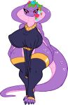  anthro big_breasts breasts clothed clothing cobra female flower flower_crown hi_res huge_breasts lavender_(slimetime) plant purple_body purple_scales red_eyes reptile scales scalie slimetime snake snake_hood solo thick_thighs wide_hips 
