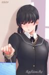  1girl amagami bangs black_eyes black_hair blush breasts commentary dated happy_valentine highres indoors kibito_high_school_uniform long_hair looking_at_viewer medium_breasts parted_lips ponytail sasaki_akira_(ugc) school_uniform solo tsukahara_hibiki 