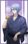  1boy absurdres alternate_costume arm_support bangs black_sash blue_hair blue_kimono border bubble_tea chinese_commentary collarbone commentary_request cowboy_shot cup disposable_cup drinking_straw floral_print genshin_impact hair_between_eyes hair_over_shoulder hand_up highres holding holding_cup japanese_clothes kamisato_ayato kimono long_sleeves looking_at_viewer male_focus medium_hair mole mole_under_mouth obi outside_border parted_bangs parted_lips print_kimono purple_background purple_border purple_eyes sash sidelocks simple_background smile solo standing swept_bangs table two-tone_background white_background wide_sleeves zxuan_l 