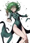  1girl absurdres bangs black_dress breasts cozy curly_hair dress floating green_eyes green_hair highres long_sleeves looking_at_viewer one-punch_man short_hair simple_background small_breasts solo stone tatsumaki telekinesis thighs white_background 