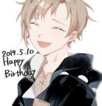  1boy ^_^ bangs black_hoodie blurry brown_shirt casual circle closed_eyes commentary_request dated depth_of_field english_commentary english_text happy_birthday hood hood_down hoodie kagerou_project kano_shuuya light_brown_hair male_focus mekakucity_actors muuta04 open_mouth print_hoodie shirt short_hair simple_background smile solo two-tone_hoodie upper_body white_background white_hoodie 