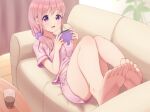  1girl armchair barefoot chair feet foot_focus furou glass hair_tie highres lying open_mouth original pink_hair pink_shirt pink_shorts purple_eyes shirt shorts soles solo table toes 